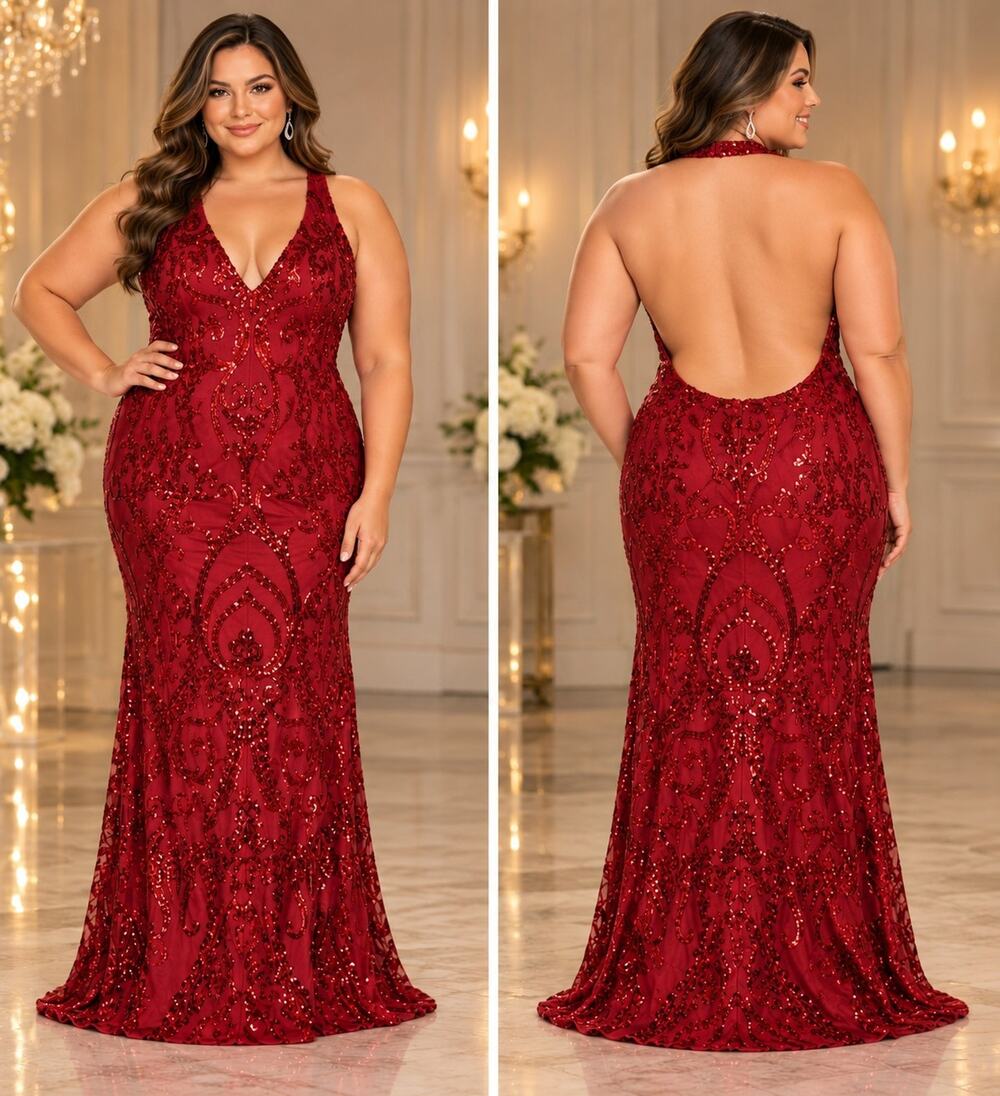 B Darlin 16W Deep Red Sequin Halter Open Back Formal Gown NWT